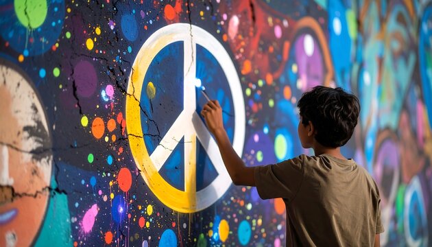 Boy Painting Mural with Peace Symbol on Wall Art