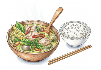Appetizing hand-drawn illustration of traditional Thai green curry with chicken, served with a side of steamed rice on a white background