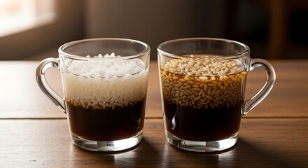 Two mugs of coffee, one with milk, on wooden table.