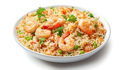 Bowl of Shrimp Fried Rice with Peas and Parsley Isolated on White Background