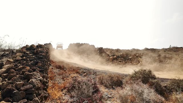 Quad adventurers traversing rugged volcanic landscape of Canary Islands, kicking up dust while driving along rocky dirt road near stone wall boundary