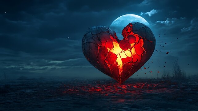 Broken Stone Heart Glowing Red With Cracks in Dramatic Night Sky with Full Moon