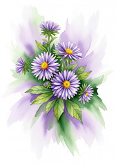 Obraz premium A beautiful watercolor illustration of a delicate bouquet of purple aster flowers with soft artistic washes of color