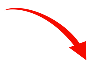 Red curved arrow pointing downwards isolated on transparent background