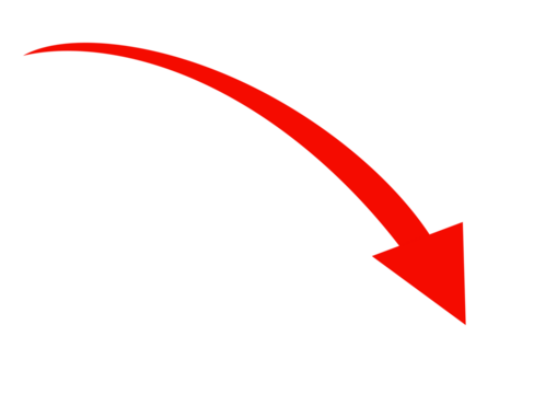 Red curved arrow pointing downwards isolated on transparent background