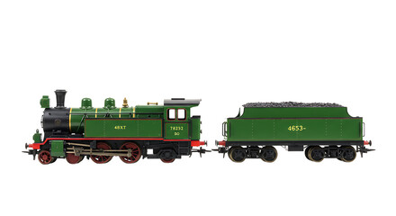 Obraz premium Green Model Steam Locomotive and Tender with Gold Trim, Isolated on Transparent Background