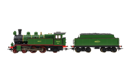 Green Model Steam Locomotive and Tender with Gold Trim, Isolated on Transparent Background