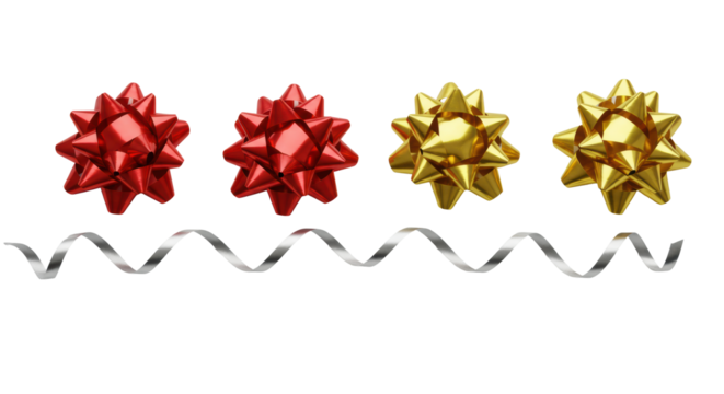 Four vibrant red and brilliant gold new gift bows, meticulously spaced with a silver metallic ribbon, on a pristine transparent background. Concept of luxury packaging