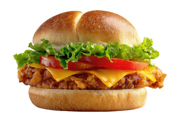 A close-up of a chicken sandwich.  The sandwich is on a bun with crispy fried chicken breast, cheese, lettuce, and tomato slices.  A light mayo-based sauce is visible