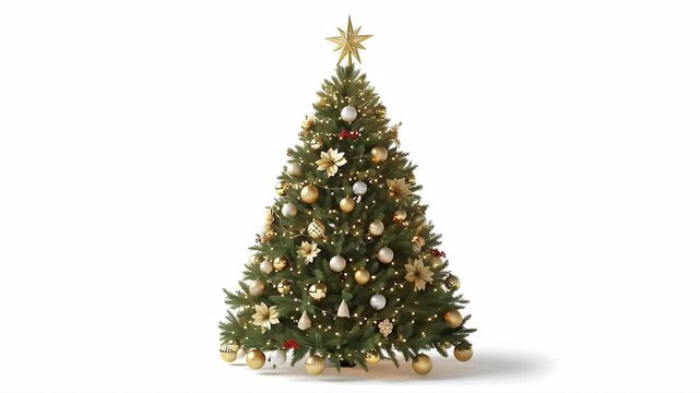 A well-lit green evergreen tree adorned with a gold star numerous gold and silver spherical ornaments golden floral accents and string lights set against a white background