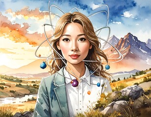 Woman with atomic structure backdrop