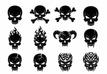 Black skull icon set with multiple variations including tribal, minimal, and abstract styles for tattoo, sticker, and design use.