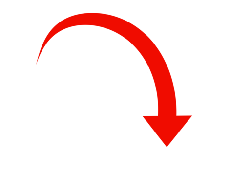 Red curved arrow pointing downwards isolated on transparent background