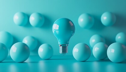 Cyan spheres and lightbulb, concept with spherical shapes on blue surface, minimal design