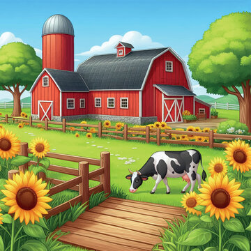 Ilustraci&oacute;n de granja con vaca