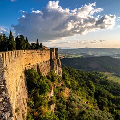 Ancient stone fortress atop a hillside, overlooking a valley at sunset