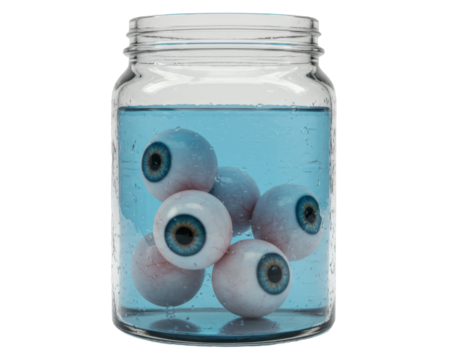 Glass jar filled with eyeballs in blue liquid png isolated on transparent background
