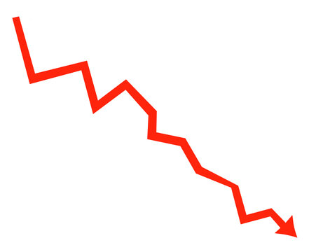 Red arrow graph showing downward trend isolated on transparent background
