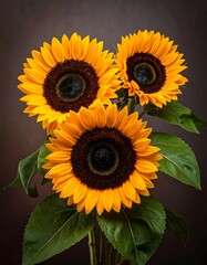 Three sunflowers in a bouquet, vibrant yellow and dark brown centers, against a muted brown backdrop