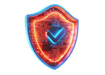 Neon cybernetic shield symbol isolated on a transparent background