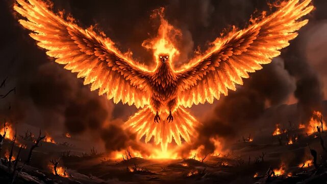 Fiery phoenix rising from ashes, a stunning visual of rebirth and power, perfect for fantasy, gaming, and dramatic themes