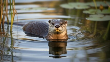 Ai generated image of a river otter swims in calm water, looking directly at the camera with a curious expression