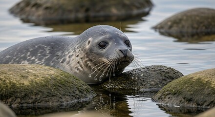 Seal Resting on Rocks in Water.