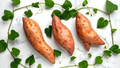 Three sweet potatoes framed by greenery