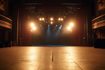 Empty theatre stage with red curtains, spotlight beams, wooden floor and detailed walls