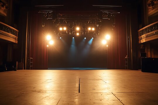 Empty theatre stage with red curtains, spotlight beams, wooden floor and detailed walls