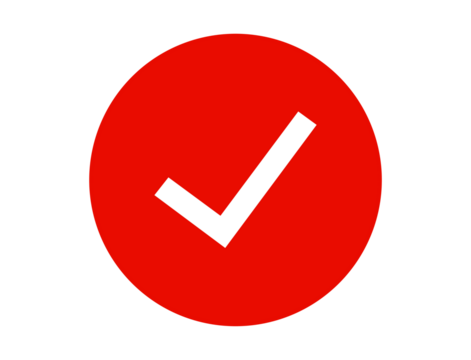 White check mark inside a red circle isolated on transparent background