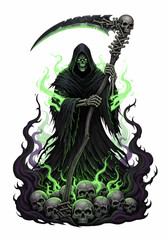 Dark cloaked figure with glowing green aura and scythe, mysterious and dramatic fantasy grim figure illustration.