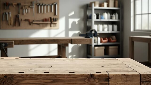 A workshop with a prominent wooden workbench in the foreground A pegboard of tools a storage shelf with supplies and a window with light and shadows are in the background