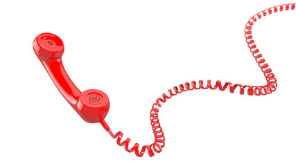  Red telephone receiver on white background. Long telephone cable. Levitation. Copy space. 3d render. Illustration.