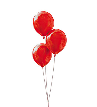 Three vibrant red balloons clustered together, tied with dark strings against a black background