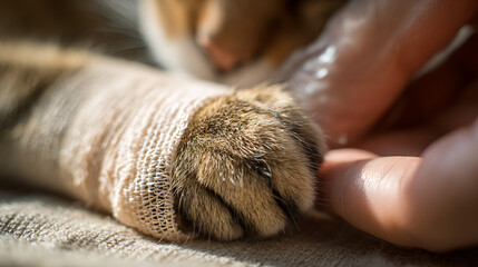 A close-up shot of a cat's paw being carefully bandaged by a veterinarian's hands, with focus on the detail of the bandage wrap.
