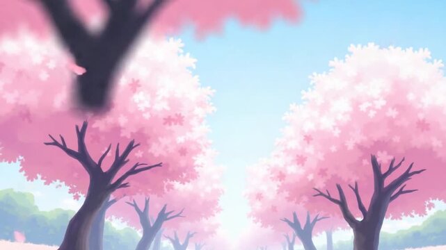 Fluid anime school background with cherry blossom trees, in the style of cartoon, pastel colors, high resolution, high detail, high quality