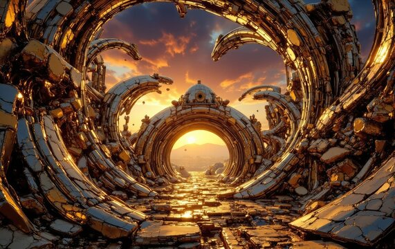 An ornate golden temple archway with intricate patterns under a dramatic sunset