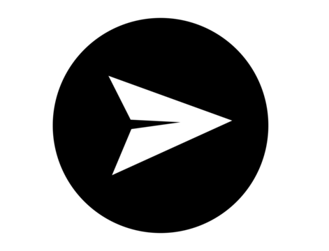 White paper airplane icon inside a black circle, isolated on transparent background