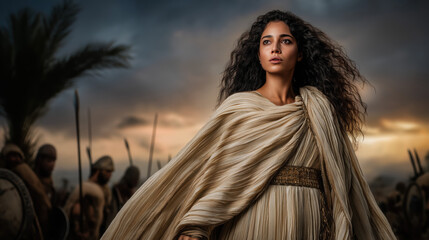 Deborah sits beneath the tall palm tree, her flowing cloak spread across the ground, as Israelites gather in respectful silence, awaiting her wise judgment and guidance with solemn reverence.