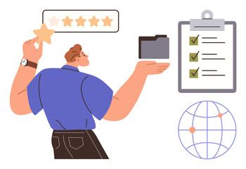 Man interacting with star rating, folder, checklist, and globe elements. Ideal for performance, feedback, productivity, global strategy organization project management business growth. Simple flat