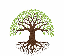Detailed tree of life illustration with sprawling roots and branches symbolizing nature, growth, and balance in earthy tones.