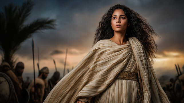 Deborah sits beneath the tall palm tree, her flowing cloak spread across the ground, as Israelites gather in respectful silence, awaiting her wise judgment and guidance with solemn reverence.