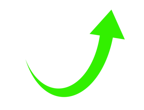 Curved green arrow pointing upwards, isolated on transparent background