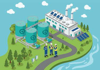 Eco-friendly water treatment plant with solar panels, recycling tanks, engineers, clean energy factory, sustainable water facility, vector illustration © Vactor Creatives