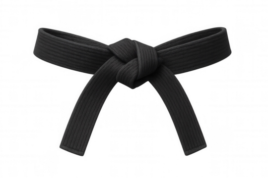 Black belt knotted against transparent backdrop, representing martial arts skill and dedication
