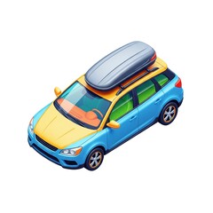 3D vector of car with roof box, vibrant colorful design, symbol of road trip and family vacation, minimal clean style, isolated for travel concepts.