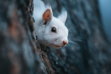 Photo of a red squirrel peeking out from behind a tree trunk in a forest, looking at the camera, squirrel, animal, red, tree, nature,