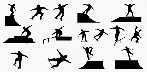 Dynamic black silhouettes of skateboarders executing diverse tricks and stunts on skateboards, ramps, and rails.