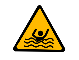 Yellow warning sign for drowning danger, person struggling in water isolated on transparent background